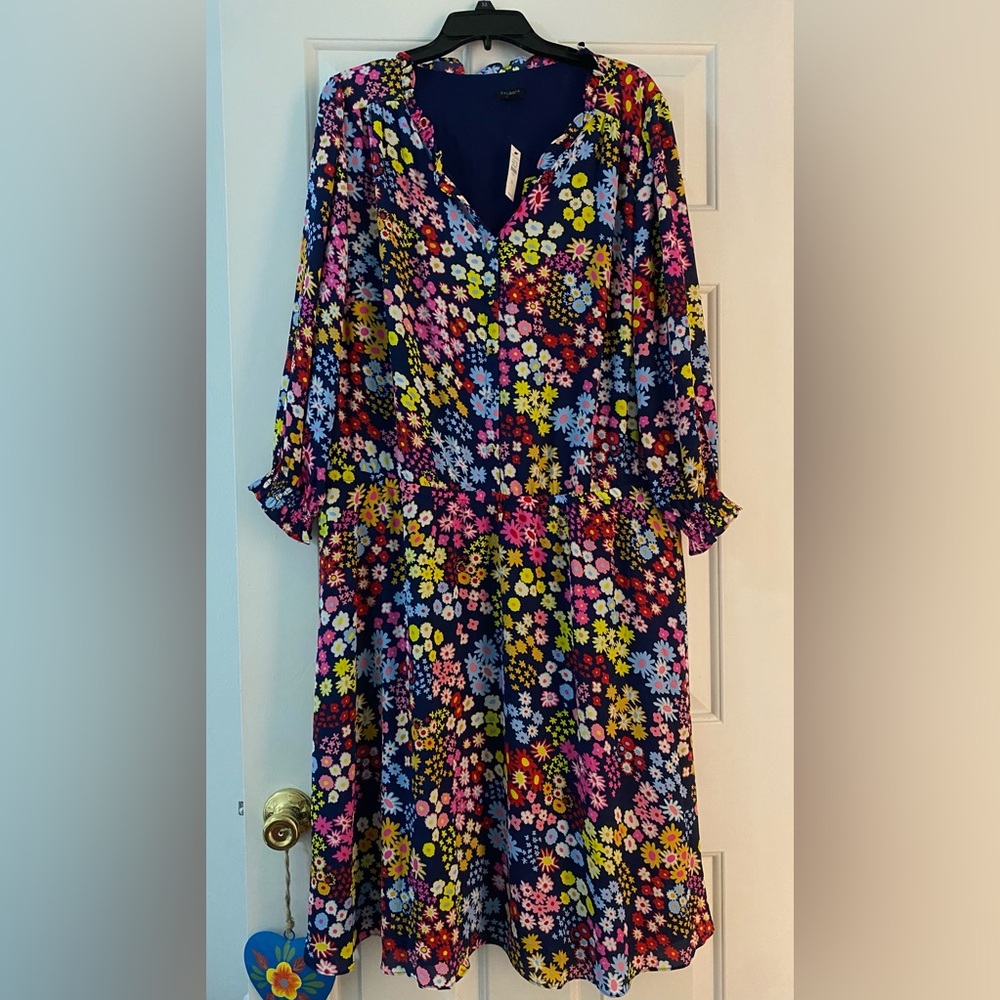 NWT Talbots 3/4 Sleeve Navy Pink Yellow Floral Flower Dress 2X 20